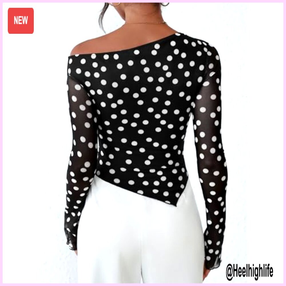 Off Shoulder Mesh Blouse Asymmetrical Ruched Long Sleeve Slim Fit Top - Picture 5 of 7
